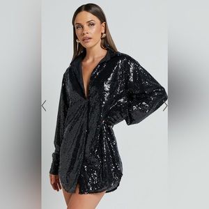 NWT CALLY MINI DRESS - OVERSIZED SHIRT DRESS IN BLACK SEQUIN XL